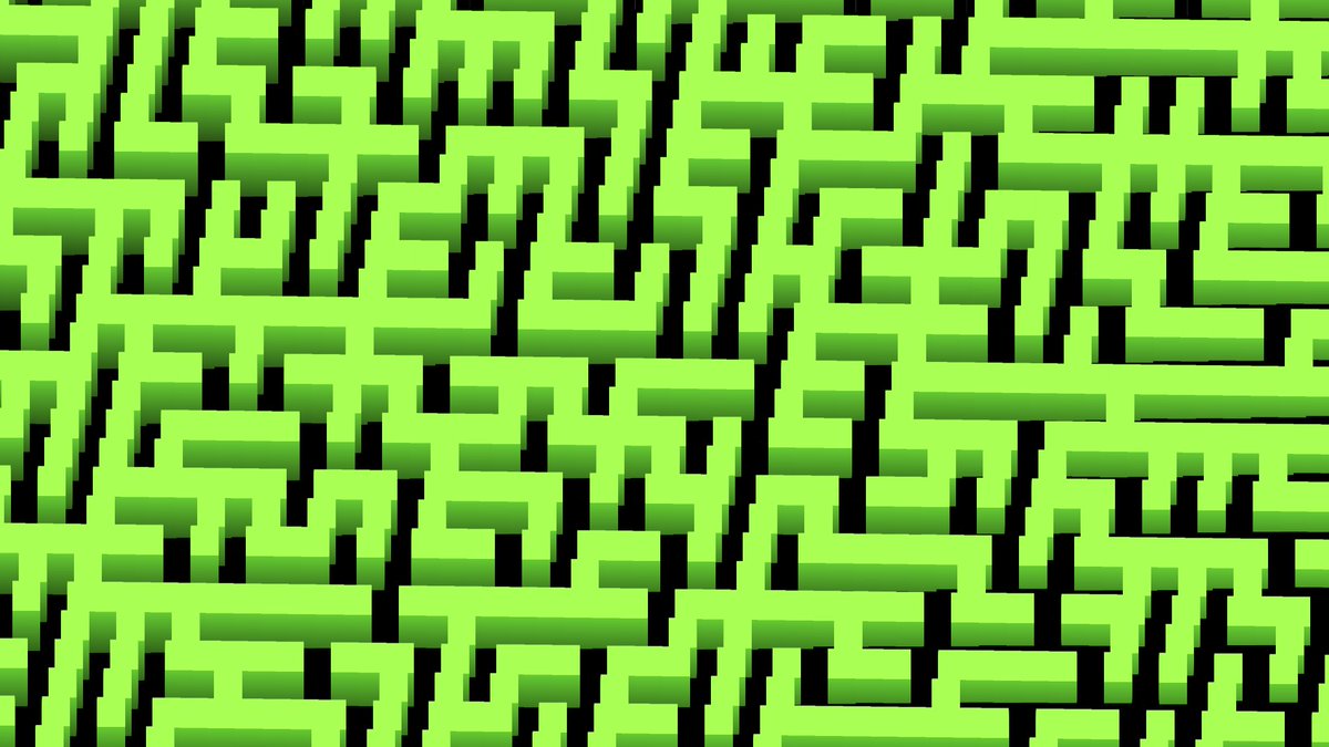 KilledByAPixel's tweet image. Hedge Maze 🌳 dwitter.net/d/34341 #tinycode #javascript

for(w=83,i=6e3;t&amp;lt;3&amp;amp;&amp;amp;i--;d=i**3.2*t%4&amp;lt;&amp;lt;1)x.fillRect(i%w*T-i/9,i/2-t*40-T,T=40,t?A[i]:A=[w]),A[j=i*2]&amp;amp;&amp;amp;!A[j+=d=d&amp;gt;2?d*w-w*5:d-1]&amp;amp;!A[j+d]&amp;amp;j%w&amp;lt;81?A[j]=A[j+d]=T:x.fillStyle=R(v=t&amp;lt;2.9?t*35:170,v*2,v/2)