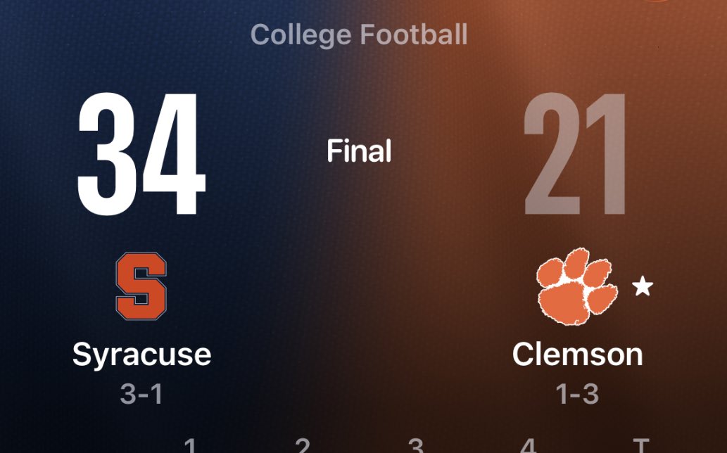 Clemson began the season at #4 

Is now 1-3.  And has fallen out of the rankings.

Something is deeply broken in Death Valley.