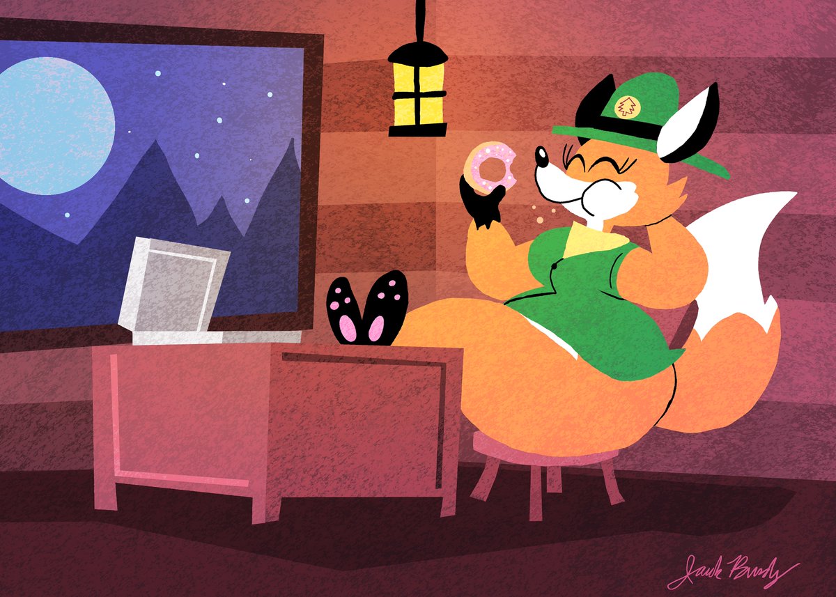 How does Ranger Scarlett pass the long lonely nights at the ranger station?

Luckily for this vixen, her there's 24/7 doughnut shop nearby!

Art trade with 3Bluemoon!