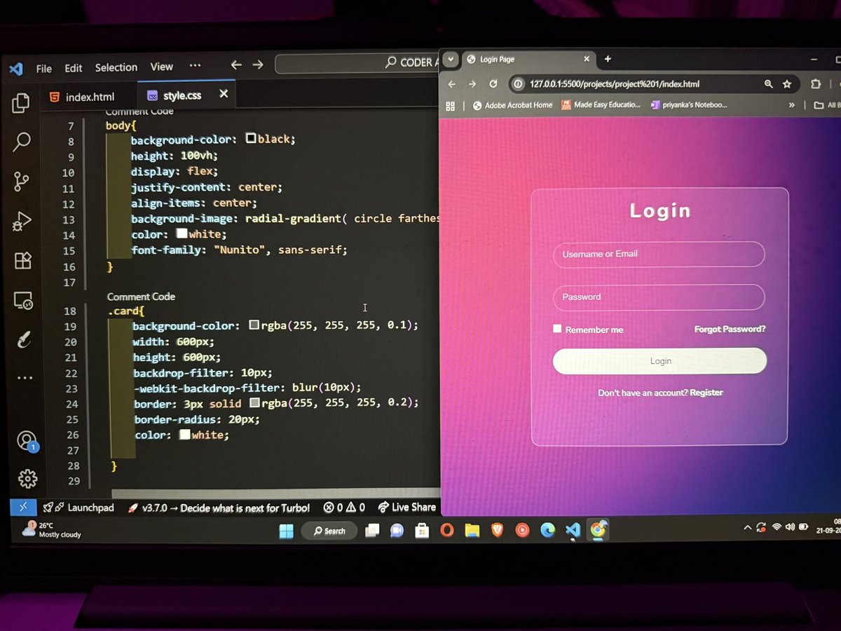 codewithpri's tweet image. So i tried making this simple login page using html and css, used gradient in bg. it’s not that advanced but we are just getting there.

Lmk what do u think!! 🫡

#100xDevs #100DaysOfCode #WebDevelopment
