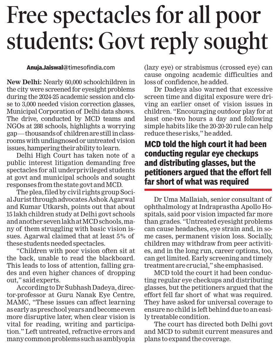 AnujaJaiswalTOI's tweet image. Thousands of Delhi Schoolkids Struggle With Poor Vision; HC Seeks Govt Reply on Free Spectacles. #vision #spectacles @socialjurist @timesofindia