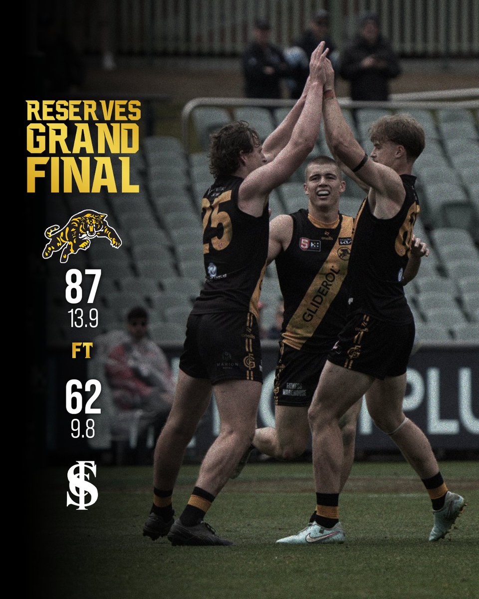 GlenelgFC's tweet image. Your 2025 SANFL Reserves PREMIERS!!! 🐯

Goals: L. Pickett (4), L. Jones (2), D. Scott (2), H. Brokensha, R. Brown, L. Candy, T. Corcoran, W. Stockman

#HuntingHistory #ForeverGold