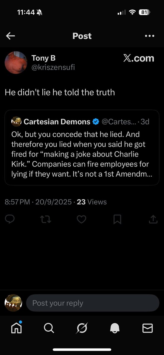 CartesianDemons's tweet image. I don’t know @kriszensufi, but he blocked me before interacting with me in any way, yet reposted my post with the comment (about Kimmel’s claim that Kirk’s killer was MAGA and MAGA was scrambling to make it seem like he wasn’t one of them) that “He didn’t lie he told the truth.”…