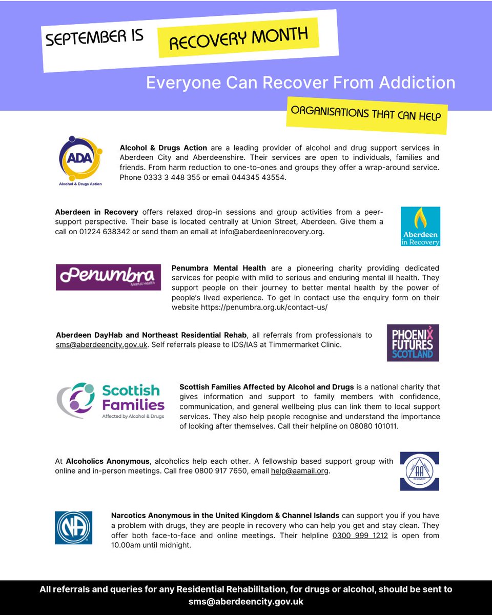 AlcDrugsAction's tweet image. It&apos;s #recoverymonth and, in partnership with Aberdeen City social work, we have produced a handy guide to services across the area. Please like and share! If you would like a printable version, dm us 😀. #recovery #makingrecoveryvisible #mentalhealth