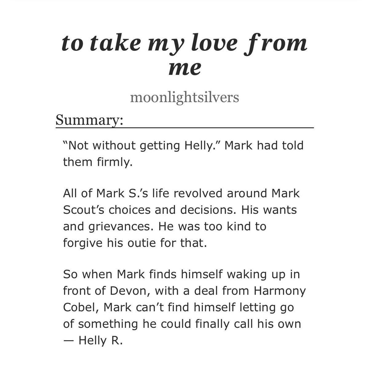 markhellyfics's tweet image. 🍁 𝒕𝒐 𝒕𝒂𝒌𝒆 𝒎𝒚 𝒍𝒐𝒗𝒆 𝒇𝒓𝒐𝒎 𝒎𝒆 by moonlightsilvers
🏷️ #markhelly  
📈 mature

“Not without getting Helly.”

Mark can’t find himself letting go of something he could finally call his own — Helly R.

🔗: archiveofourown.org/works/63962419