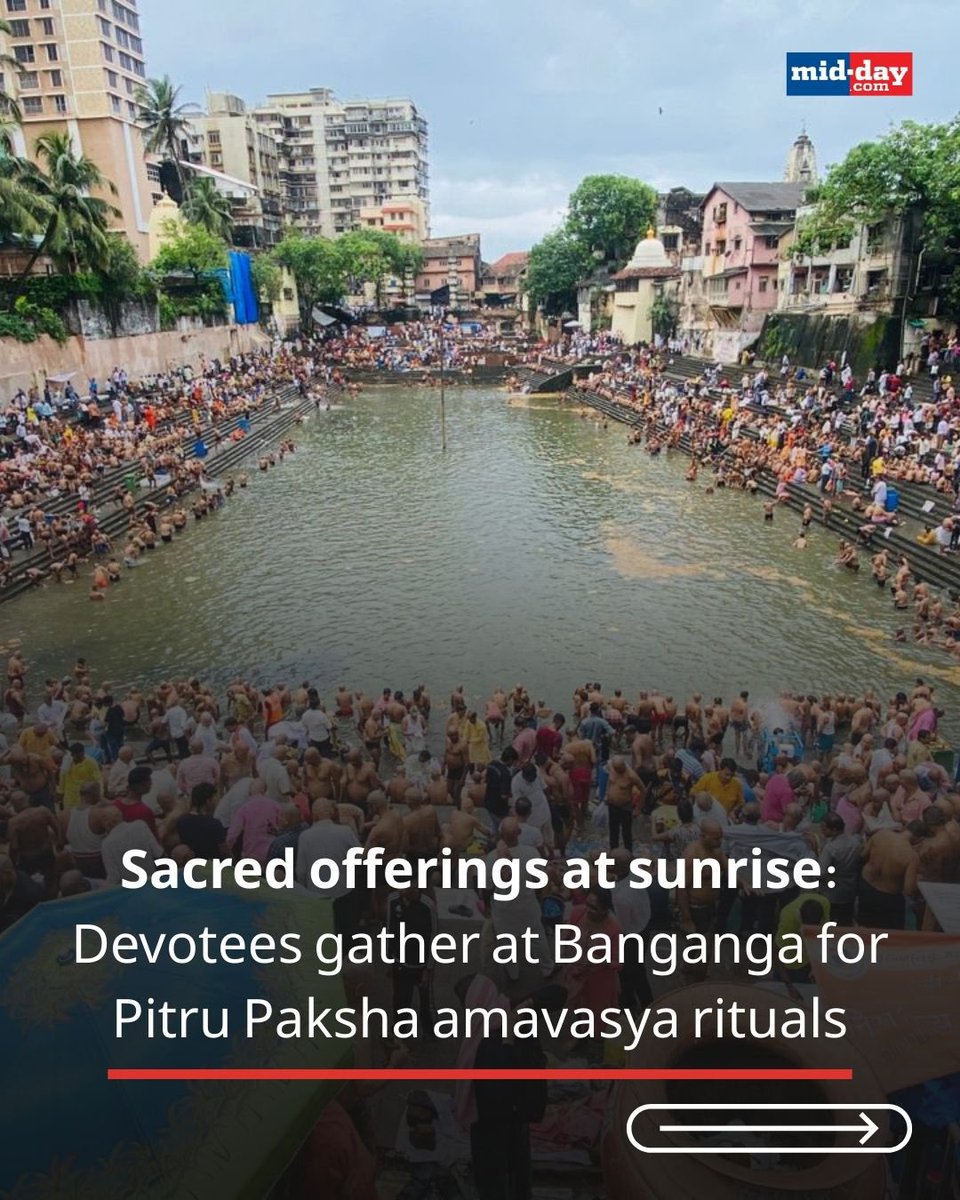 mid_day's tweet image. Devotion flows at dawn 🌅 Hindu devotees gathered at the serene Banganga tank in Walkeshwar, Mumbai, to perform sacred rituals on Pitru Paksha amavasya — honoring ancestors with prayers, offerings, and tradition.

PC: @khanshadab1982 

#PitruPaksha #BangangaTank #MumbaiSpiritual…