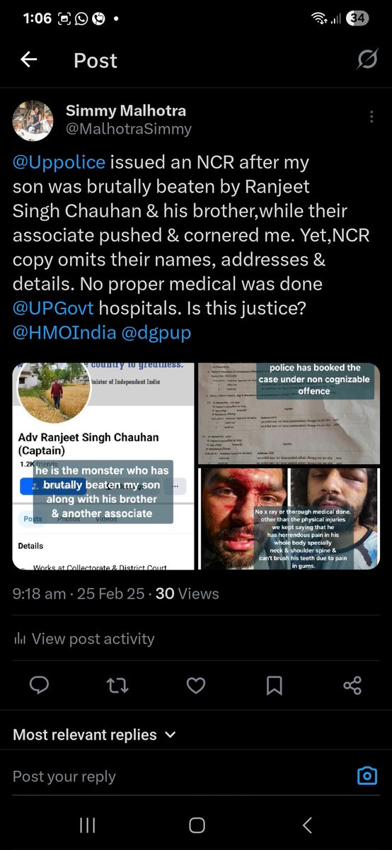 MalhotraSimmy's tweet photo. @noidapolice @Uppolice @dgpup @aajtak @ndtv @AmarUjalaNews @myogiadityanath @myogioffice @htTweets @timesofindia On 17 Feb, my son was brutally assaulted by lawyer Ranjit Chauhan, his brother &amp; friend, I immediately alerted @112UttarPradesh &amp; @Uppolice. Despite photos, videos &amp; NCR, no FIR was filed, MLC vanished &amp; culprits roam free. Instead, a false 307 case is filed against us. https://t.co/5BAIrIcfWa