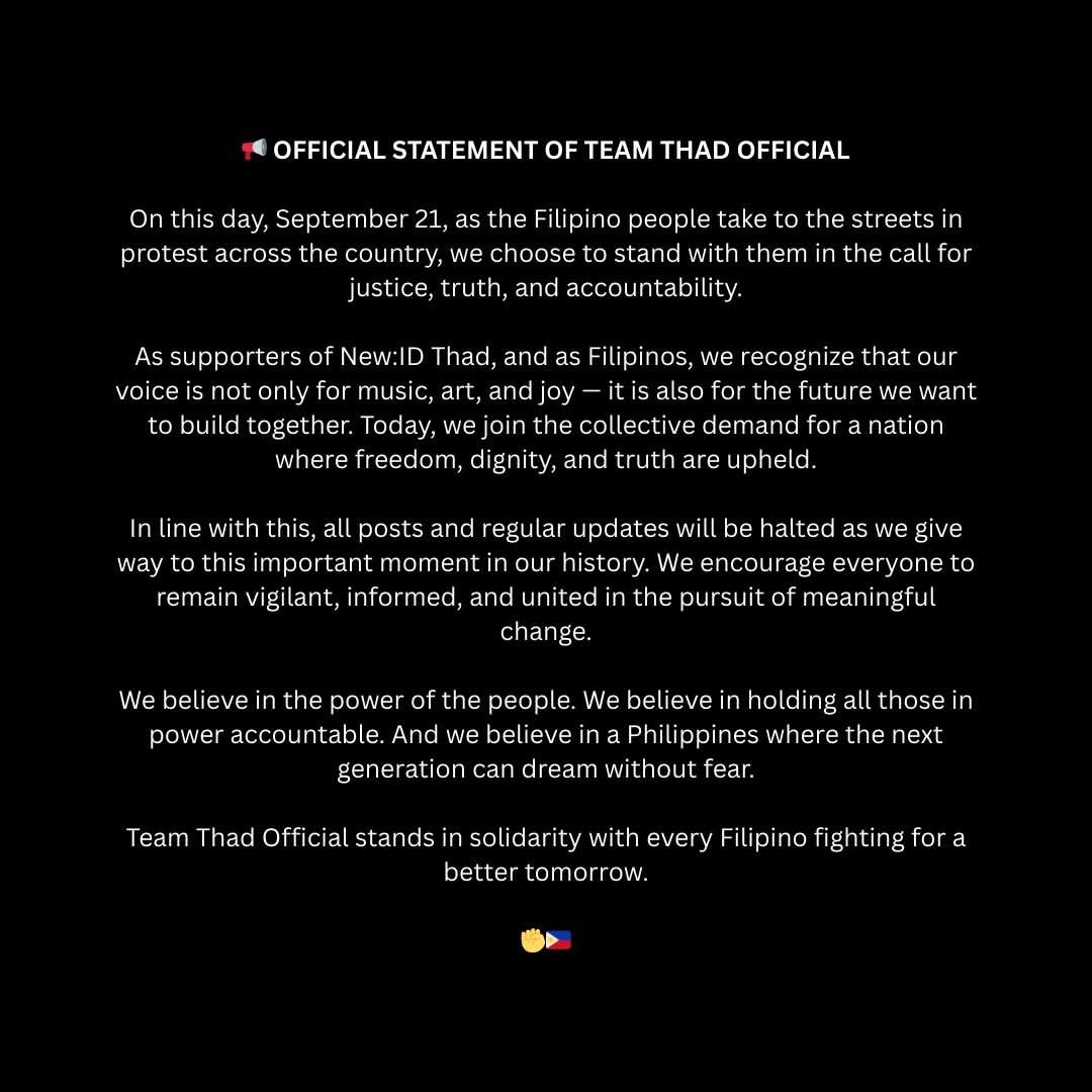 Team Thad Official stands in solidarity with the Filipino people.

Today, we honor the call for truth, justice, and accountability.

Together, let us remain vigilant and fight for a better future for the Philippines. ✊🇵🇭

#NeverForget #NeverAgain
#BahaSaLuneta #TrillionPesoMarch