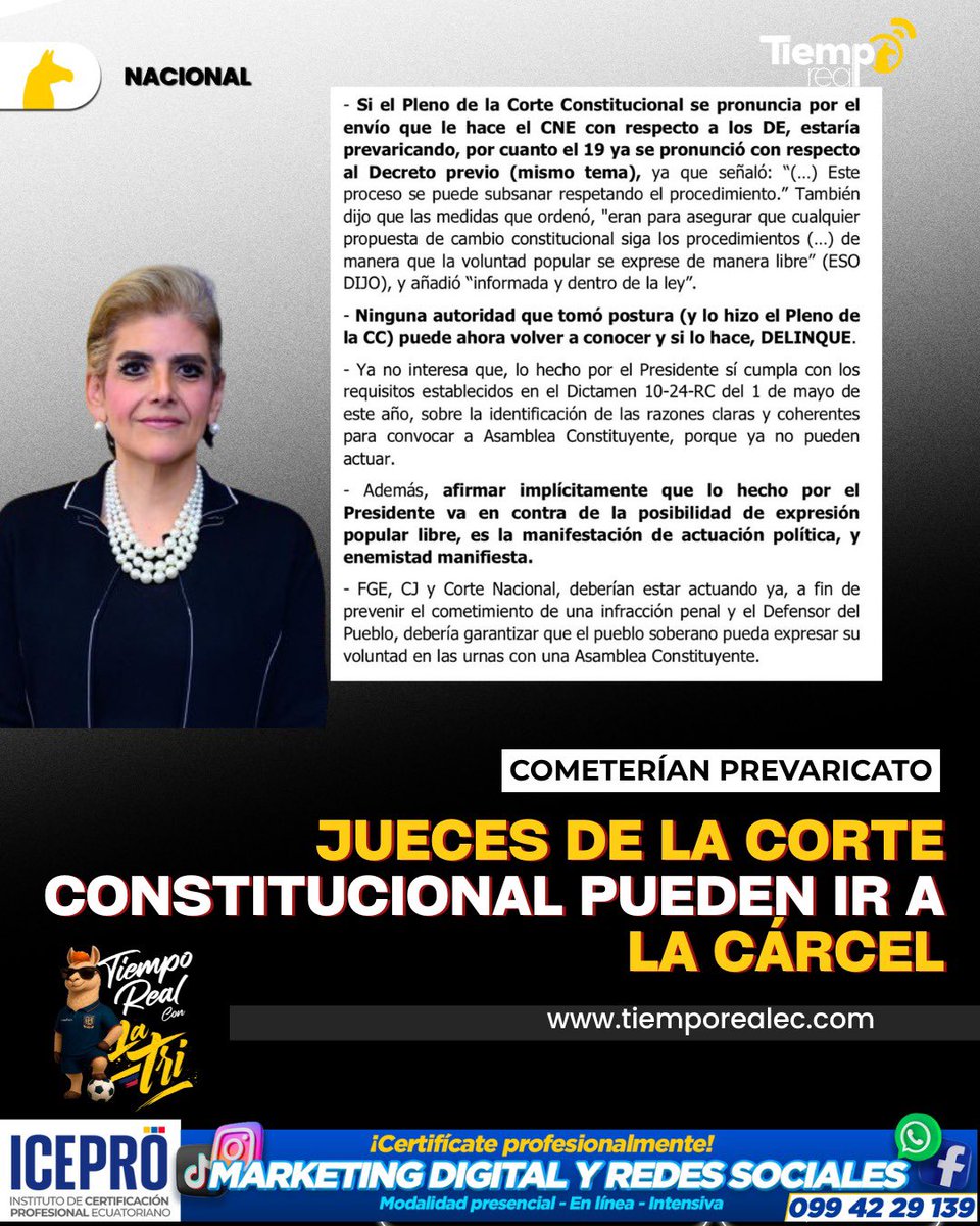 🆘.#URGENTE// Jueces de la Corte Constitucional podrían ir a prisión 

✍️ La embajadora de Ecuador ante la Organización de Estados Americanos <a href="/OEA_oficial/">OEA</a>, Mónica Palencia, <a href="/Palencia3Monica/">Mónica Palencia Nuñez</a> advierte a la Fiscalía General del Estado <a href="/FiscaliaEcuador/">Fiscalía Ecuador</a>, Consejo de la Judicatura