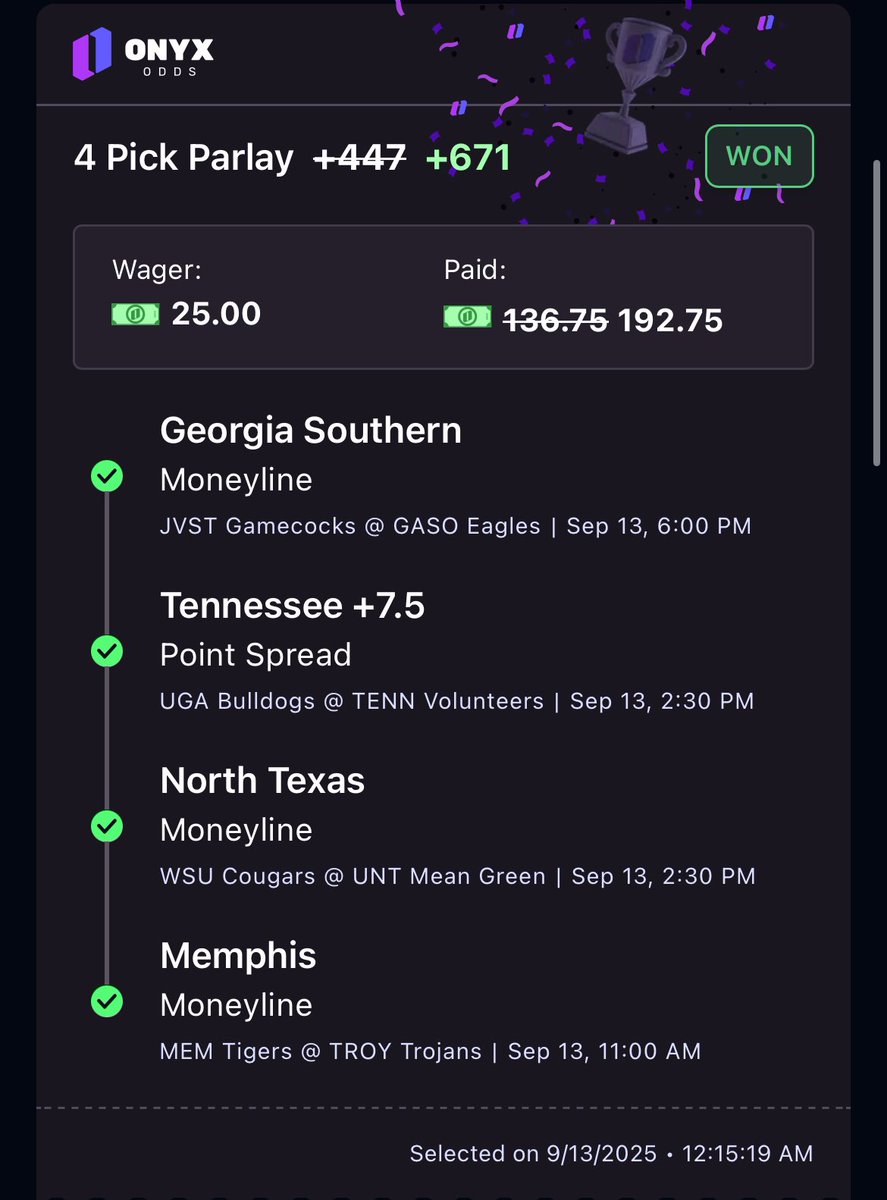PickzTuff's tweet image. CASH THE CFB OFFICIAL SLIP ✅

Three. Peat. 3️⃣

That’s 3 weekends in a row !!! 

If you aren’t tailing by now WTF ARE YOU DOING? 🤯

We love Saturdays. ♥️🏈

Same time next week? 😏

#CheckTheTimeStamp #SaturdayVibes