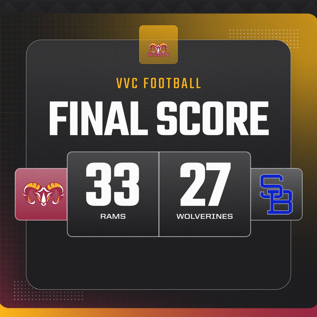 Rams win! 🔥🏈

VVC Football takes down SBVC 33–27 on the road to stay undefeated at 4-0!

#RamsRise #VVCFootball #4And0 #HornsUp🤘