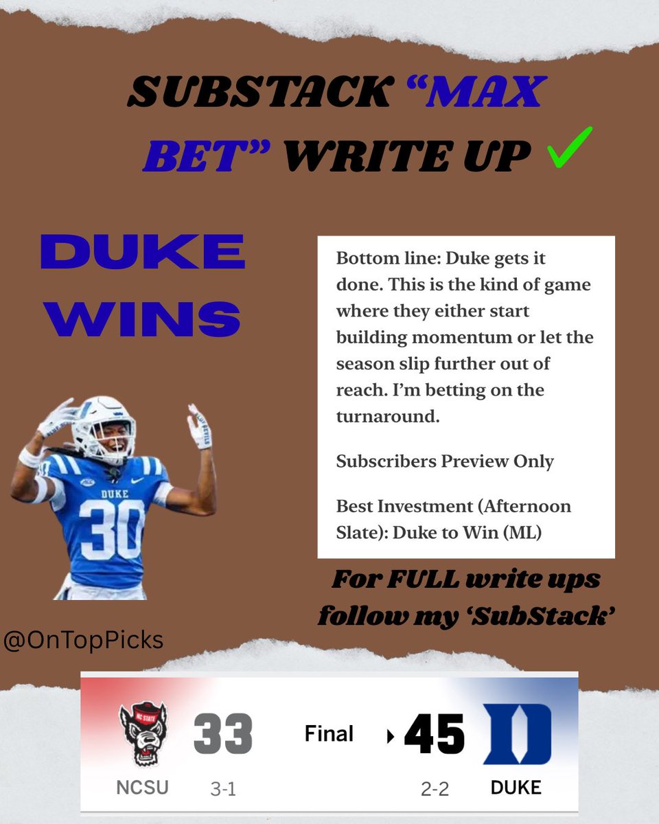bardobets's tweet image. Duke gets it done! ✔️ 🏈 

Sending $50 To One Person who shares &amp;amp; likes! 💰 

Join Here: open.substack.com/pub/sharkmode/…

#SportsBetting | #substack
#JoinVIP | #GiveawayAlert