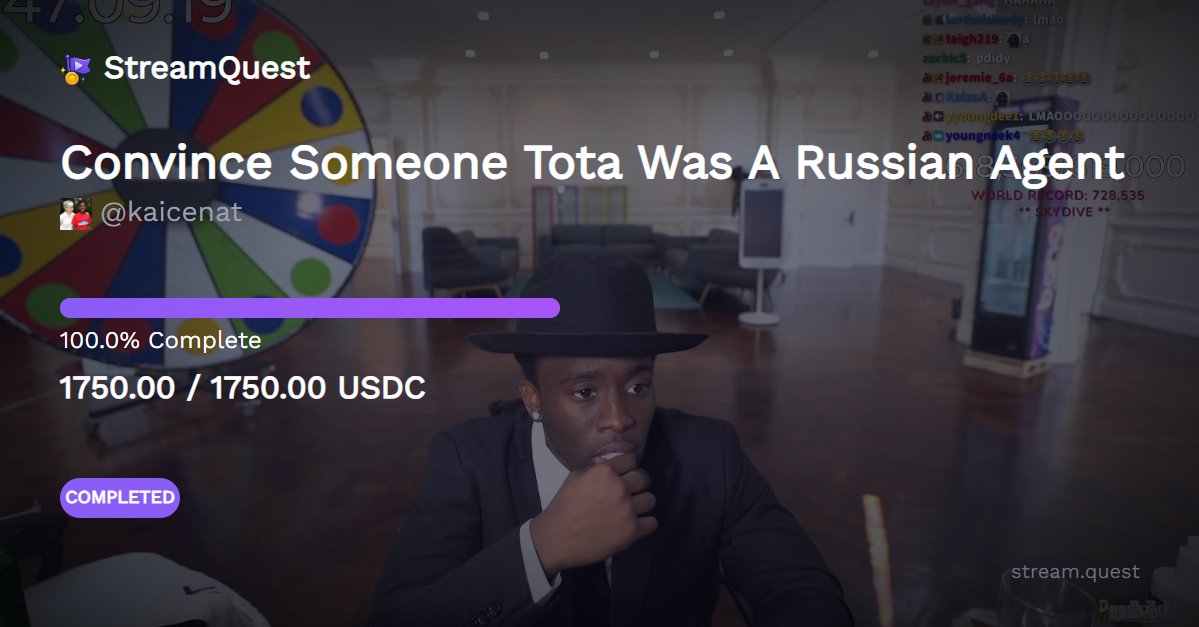 A new StreamQuest have been completed by <a href="/KaiCenat/">Kai Cenat</a> 
 
for +350 Subs: stream.quest/quest/9ee1b406…