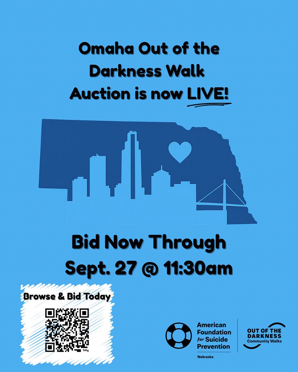 💙 The Omaha Out of the Darkness Walk Auction is LIVE! 💙
 
When you bid, you’re not just taking home a great item—you’re helping fund programs that:

✨ Support survivors of suicide loss
✨ Provide education and resources in our community
✨ Advocate for mental health and