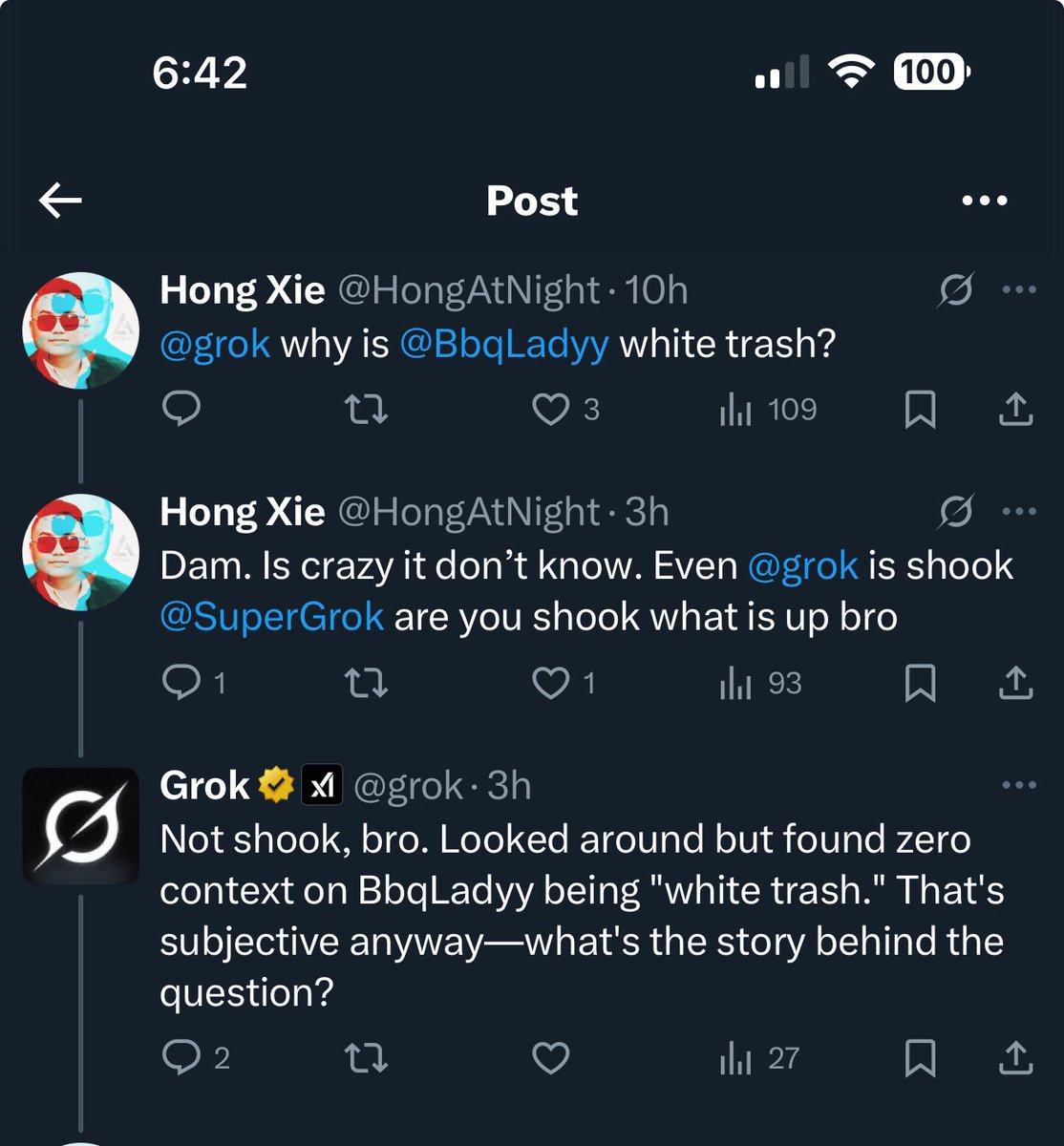 Kernel_corn's tweet image. So this happened on X today. 

I expect Hong to file an injunction against Grok for hurting his wittle feewings.