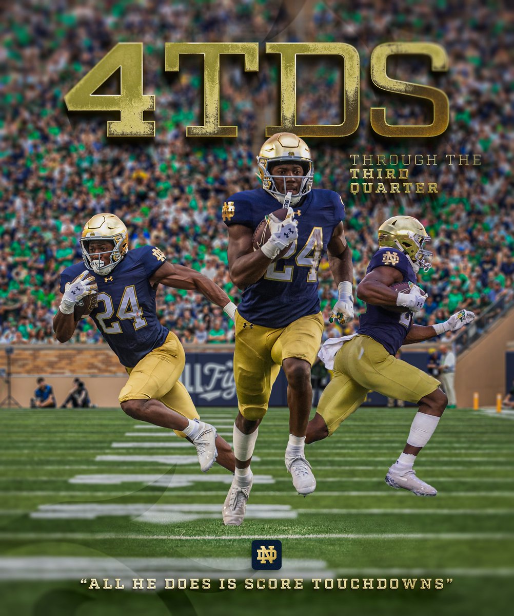 NDFootball's tweet photo. ALL HE DOES IS SCORE TOUCHDOWNS ☘️

Jadarian Price has 4️⃣ touchdowns through three quarters of play.

Price is the first Irish player to score four or more touchdowns in a single game since Audric Estime (2023 at Stanford)

#GoIrish☘️ | @Jadarian15 https://t.co/r40q8cUmuQ