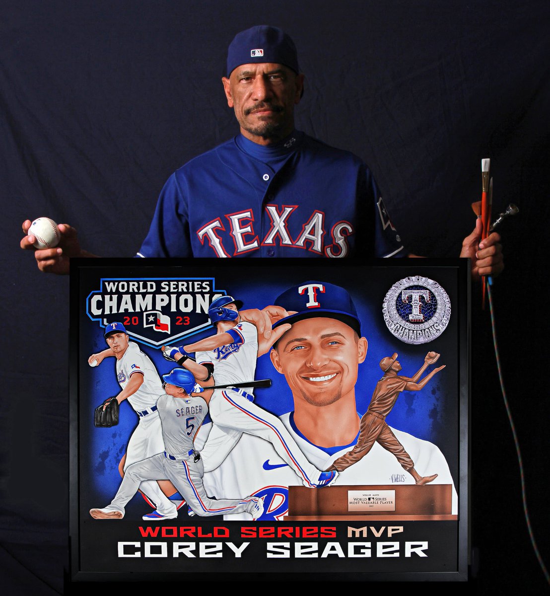 It was really great meeting up with a really good friend of Rangers Authentics, the great Vernon Wells Sr.  He was gracious enough to drop off his latest painting of Corey Seager which can be seen at our Authentics space in CF, and by appointment thereafter.
