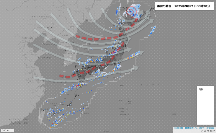 プチサイクリングから帰還。 賞味期限切れの04時の空模様を云々しても仕方がないので・・  
8時30分のレーダー画像に空模様の骨格＝上空約5500mの偏西風強風帯と天気を崩すパワーを持った上空の気圧の谷（赤点線：偏西風南側蛇行域）を書き込んでみた。

日本海を南下中の谷が通過したら本格的回復へ？