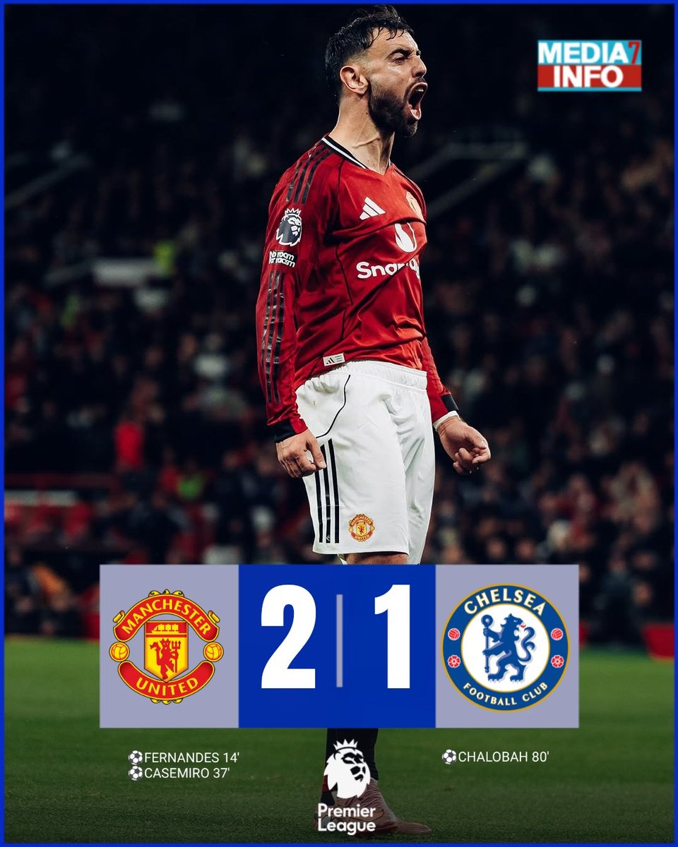 Media7info009's tweet photo. TERMINÉ ⏱️ 

MAN UTD 👹 2-1 🧿 CHELSEA

⚽Fernandes 14'
⚽Casemiro 37'
      ⚽Chalobah 80'

GRÂCE À DES BUTS DE FERNANDES ET CASEMIRO , MANCHESTER UNITED BAT CHELSEA À OLD TRAFFORD ! 

#PremierLeague #MUFCHE https://t.co/wIxZIDx3XD