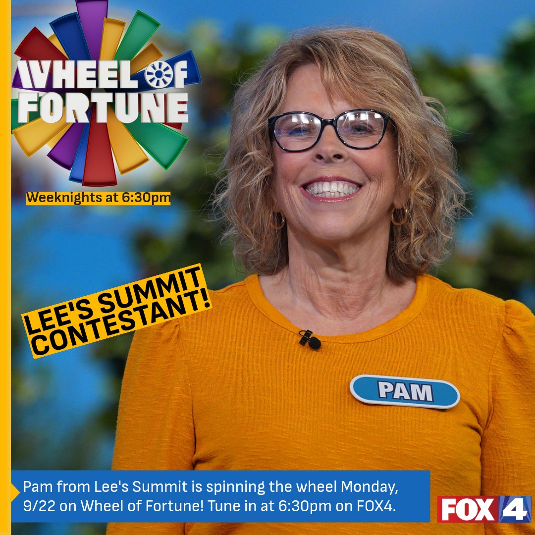 fox4kc's tweet photo. Cheer on Pam from Lee's Summit!

Don’t miss Pam spinning the Wheel this Monday at 6:30pm on FOX4! Let’s show her some hometown love and root for a big win 🎉

#WheelOfFortune #LeesSummit #FOX4KC https://t.co/PVGTvg8qKQ