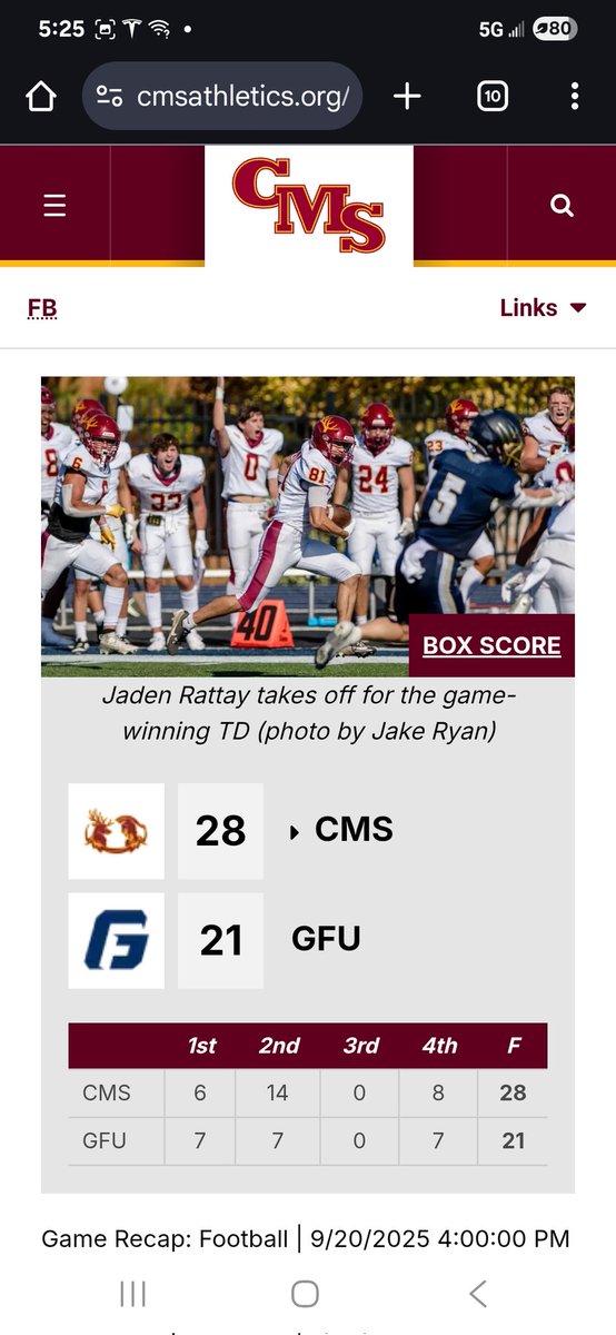 30 years of college football and I have never seen an ending like ours today. Down 21-20, avoid a sack in the end zone and throw a 96 yard touchdown pass to win it with a minute left. #d3fb <a href="/CMSStagsFB/">CMS Stags Football</a>