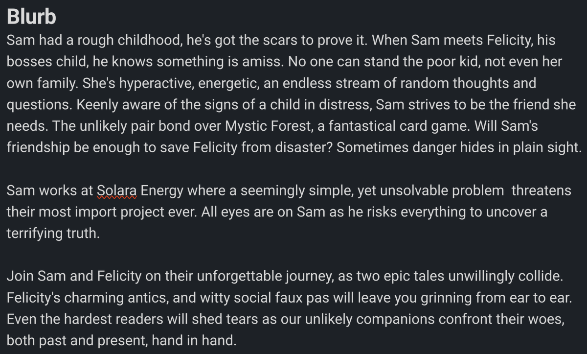 JasonHerne's tweet photo. My debut novel is finally ready for beta readers! Who's interested?

Forever and a Game
Psychological Drama
82k words

A character driven, emotionally heavy psychological drama with an underlying theme of adorable childhood wit, and wonder.

Note: Unofficial/temporary cover https://t.co/hKYvhkZZj6