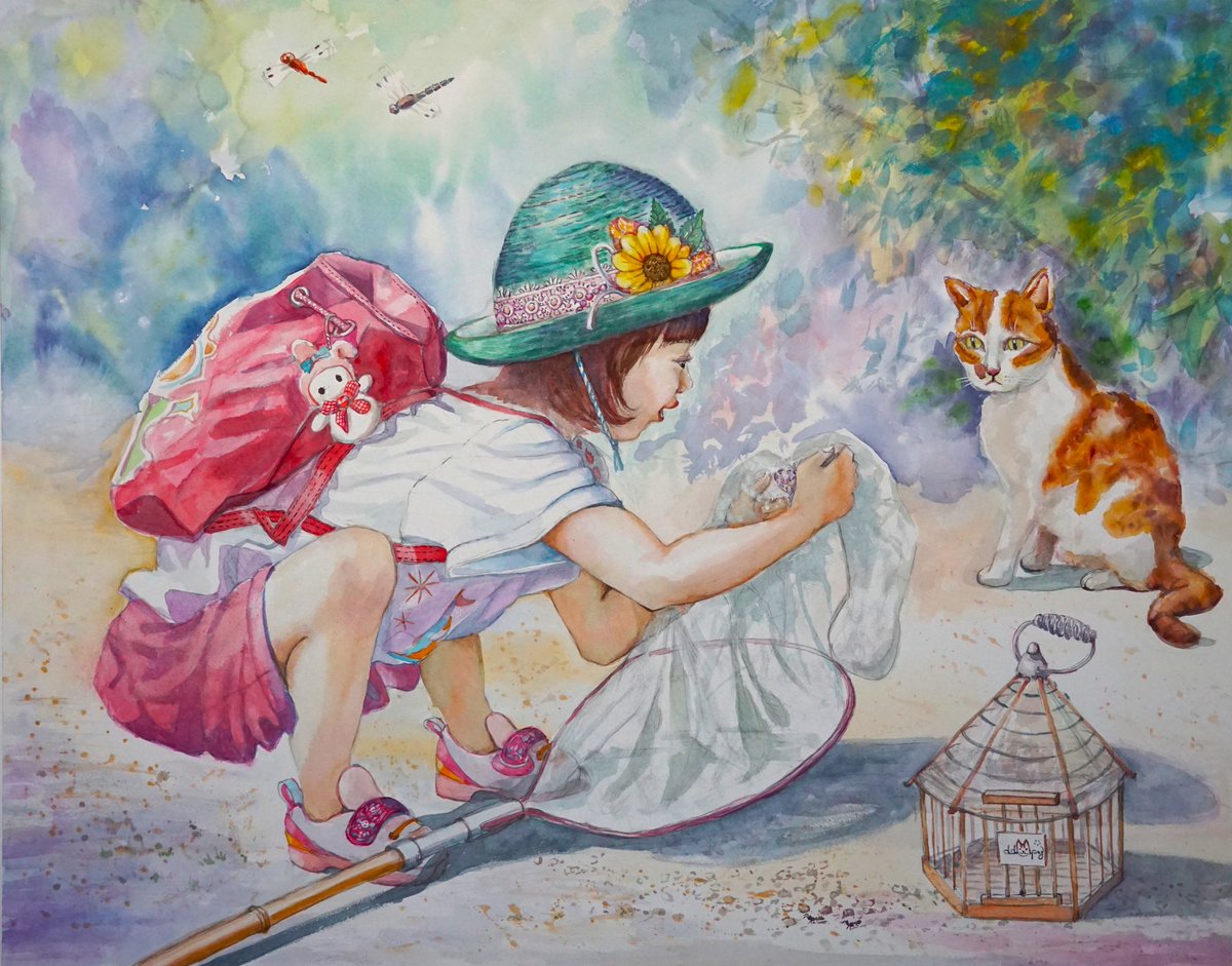 昔の夏休みの思い出を絵にしました～☆F40号の水彩画で額装すると結構大きく感じます😮🐜🍂