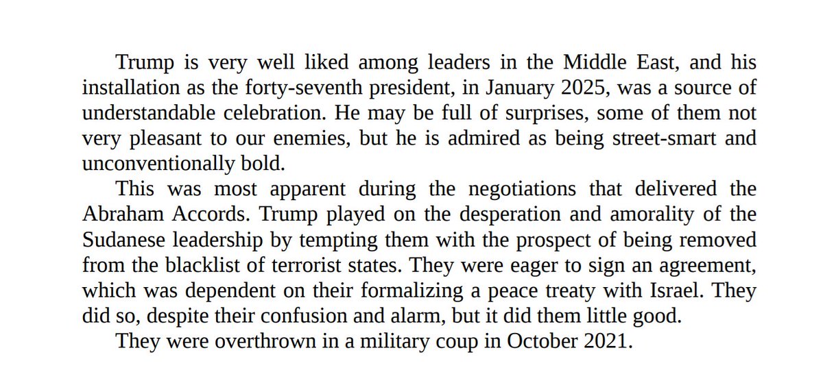 قبل أيام مدير الموساد السابق يوسي كوهين أصدر كتاب بعنوان: 
The Sword of Freedom: Israel, Mossad, and the Secret War
قال ترامب اتلاعب بالقحاطة وحمدوك واستغل يأسهم وانعدام أخلاقهم لفرض التطبيع مقابل الإزالة من قائمة الإرهاب، وبسخرية قال دا كله ما نفعهم وتمت ازالتهم من السلطة 🤣