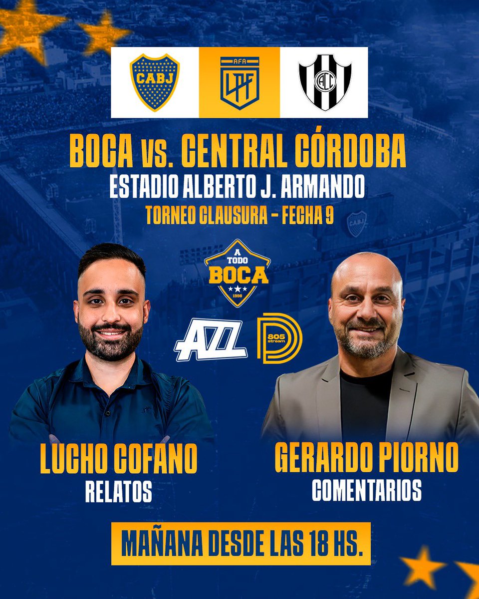 equipoatodoboca's tweet image. BOCA 🆚 CENTRAL CÓRDOBA

🖥️ Mañana desde las 18:00 horas viví toda la transmisión de un nuevo partido del Xeneize con el equipo de A Todo Boca en conjunto con @azzenstream y @805stream