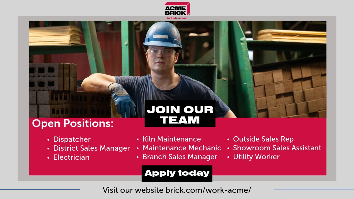 Looking for a new career? Acme Brick has over 60 open positions across the U.S.! We're hiring for a variety of roles, including dispatchers, electricians, and sales managers.

Ready to join our team? Apply today! ➡️ bit.ly/3ZCHKkY

#NowHiring #JoinOurTeam #JobOpenings
