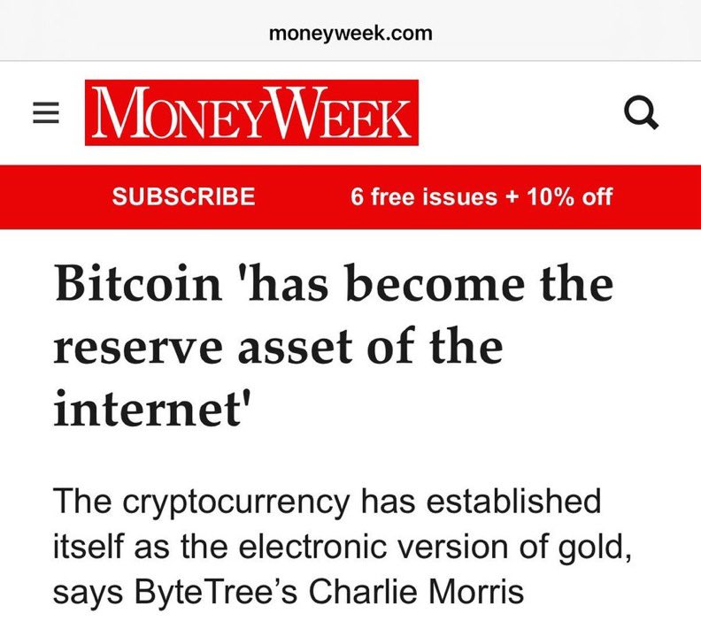Peterduong838's tweet photo. JUST IN: MoneyWeek says Bitcoin has become the "reserve asset of the internet." 🚀 https://t.co/iU5yYHMTnz