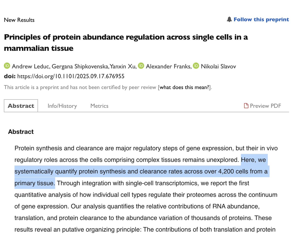 slavov_n's tweet image. Protein abundance is regulated by many mechanisms.
We quantified them across the single cells in a mammalian tissue:
1⃣ The results revealed simple rules !
2⃣ They may alter how you interpret single-cell DNA(RNA)-sed data. ⚠️
See @_AndrewLeduc's 🧵
biorxiv.org/content/10.110…