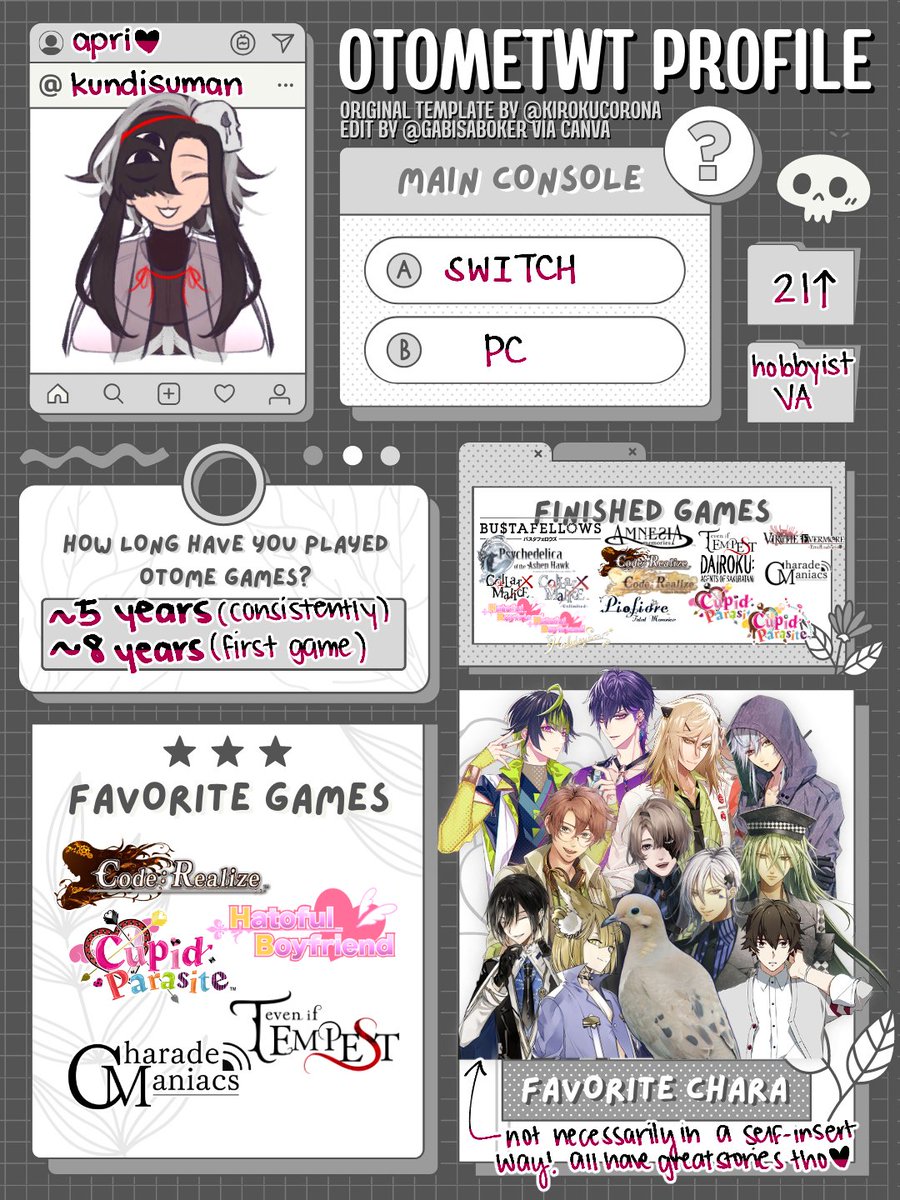 kundisuman's tweet image. hello #otometwt! it is time for me to make my grand entrance as an aspiring otome content creator with an #otometwtintro!!
i also do voice acting as a hobby, and i&apos;d love to play an otome mc one of these days (:&amp;lt;