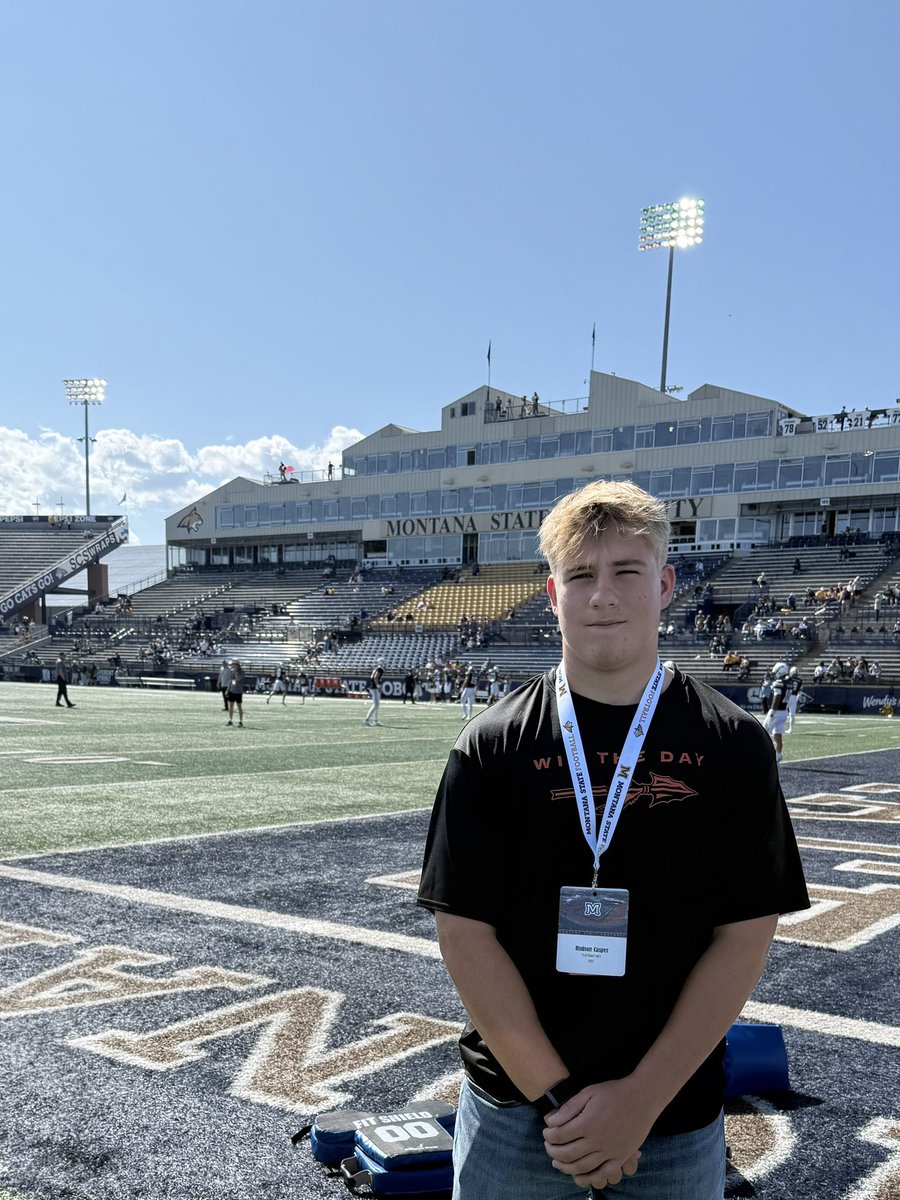 Had a great time visiting Montana State today! Grateful for the opportunity to connect with the staff, see the atmosphere, and learn more about the program. Big thanks to
<a href="/C_Arbizzani/">Chandler Arbizzani</a> for having me out.

<a href="/TheRightCats/">Montana State Football Recruiting</a> <a href="/MSUBobcats_FB/">Montana State Football</a>