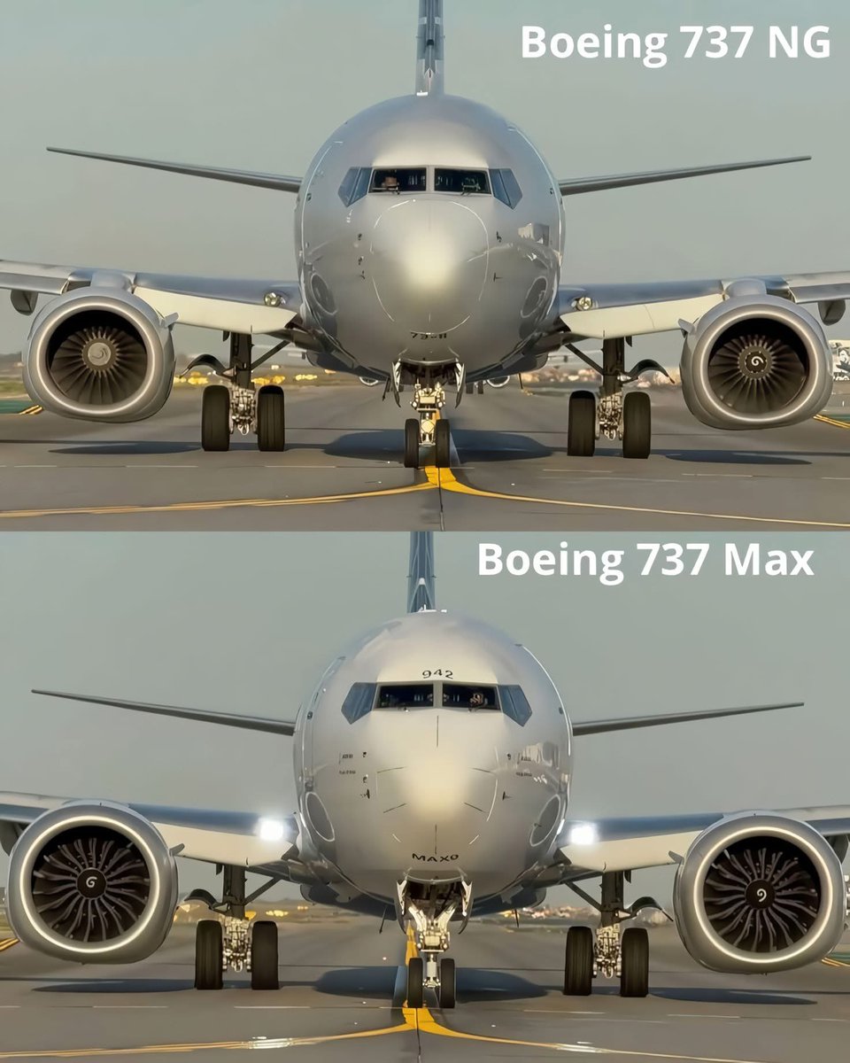🛬 Boeing 737 NG vs Boeing 737 MAX – Spot the Difference

This side-by-side comparison shows the 737 Next Generation (NG) ✈️ (top) and the newer 737 MAX ✈️ (bottom). Both look similar, but there are key differences:

🔵 Engines: MAX has larger, more efficient LEAP-1B engines with