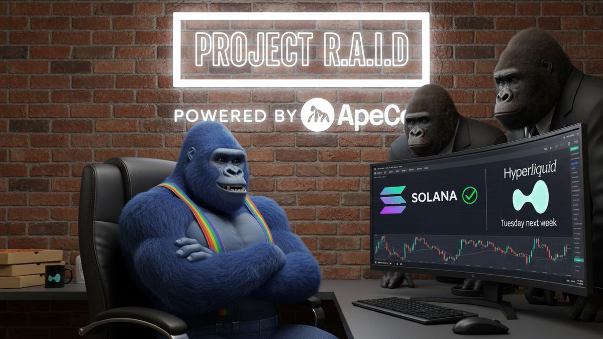 So <a href="/apecoin/">ApeCoin</a> bridging to <a href="/solana/">Solana</a> 
ApeCoin live on <a href="/HyperliquidX/">Hyperliquid</a> Tuesday next week 
Project R.A.I.D heating up—next stop?
ApeCoin spot trading on major exchanges?