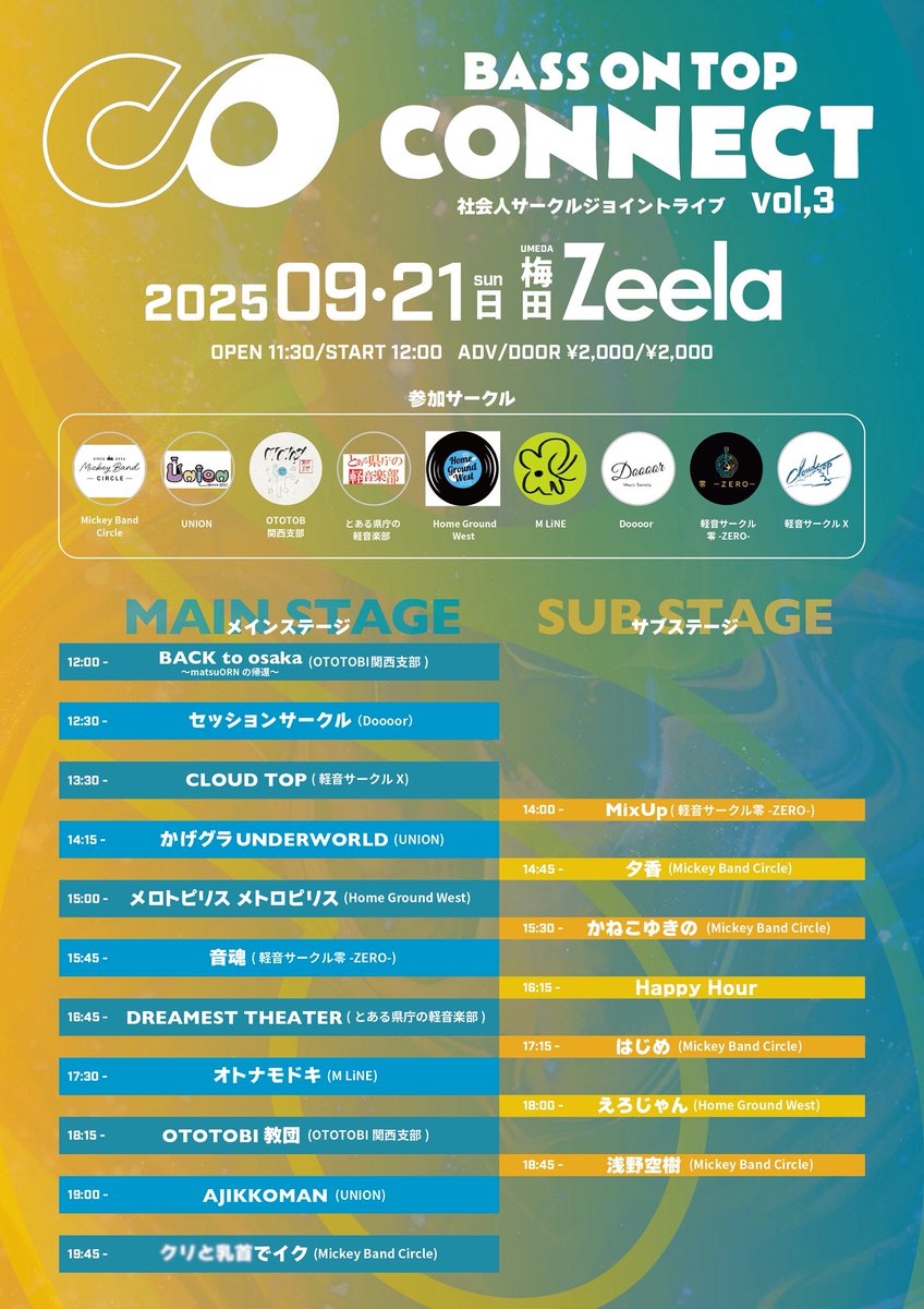 本日は梅田Zeelaにてベースオントップ様主催のこちらのイベントに出演させていただきます！
OTOTOBI関西支部から2バンド、なおかつトップバッターでの出演となりますので皆様是非遊びに来てください！