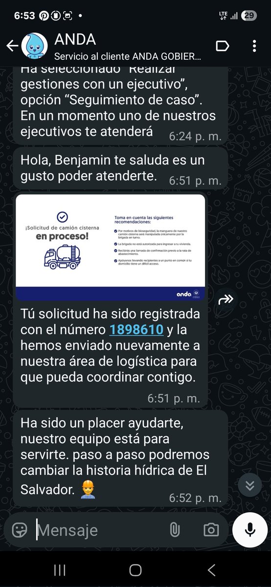 abarcabou's tweet photo. @SecPrensaSV Esta es la respuesta que ANDA da y no mandan pipa, pedí una el martes y cerraron el caso sin enviar la pipa, ayer tuve que abrir otro caso y eso responden. https://t.co/7UZnvlPxEf