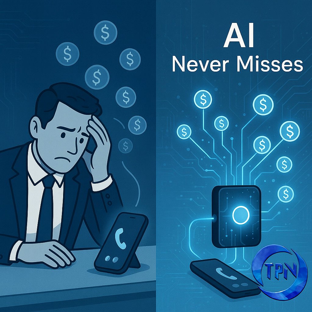 Missed calls = lost revenue 📞 AI never misses a lead. Every opportunity captured, every customer followed up instantly. #BusinessWins #Automation #TPNetworks