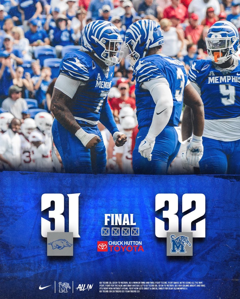 Felt good to be home today! Great win!
<a href="/MemphisFB/">Memphis Football</a> <a href="/RSilverfield/">Ryan Silverfield</a>  <a href="/CoachJoeCauthen/">Coach Joe Cauthen</a> <a href="/CoachJLong_/">Joshua Long</a> <a href="/BakerParrish_/">Baker Parrish</a>