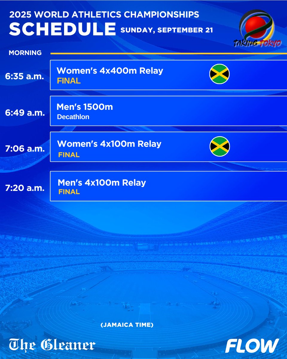 JamaicaGleaner's tweet photo. The final day of competition begins tomorrow at 3:35 a.m. with the men’s decathlon javelin throw. Jamaica’s first appearance on the track comes at 6:20 a.m. in the men’s 4x400m relay at the 2025 World Athletics Championships in Tokyo, Japan. #GLNRSports #TakingTokyo #Tokyo2025 https://t.co/cj5lgH0FhW