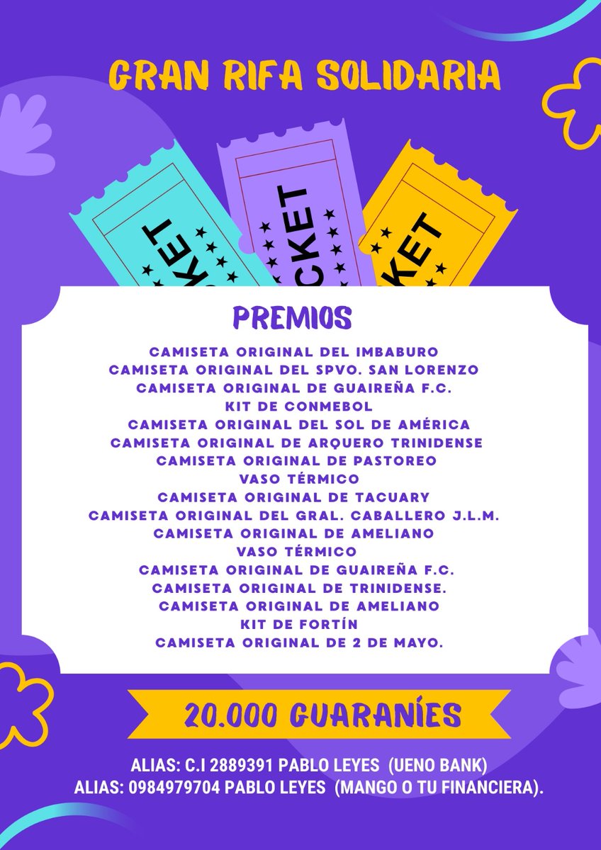 Tenemos sorpresa. Todavian nos quedan 396 números por vender y sumamos más premios. 
*1 Par de Entradas al Concierto de Shakira. 
*1 Mes de Gym.
*1 Llavero de peluche de Capibara.
*1 Bufanda.
*1 Kepis De River Plate de Argentina. 
Todo ayuda y todo suma.