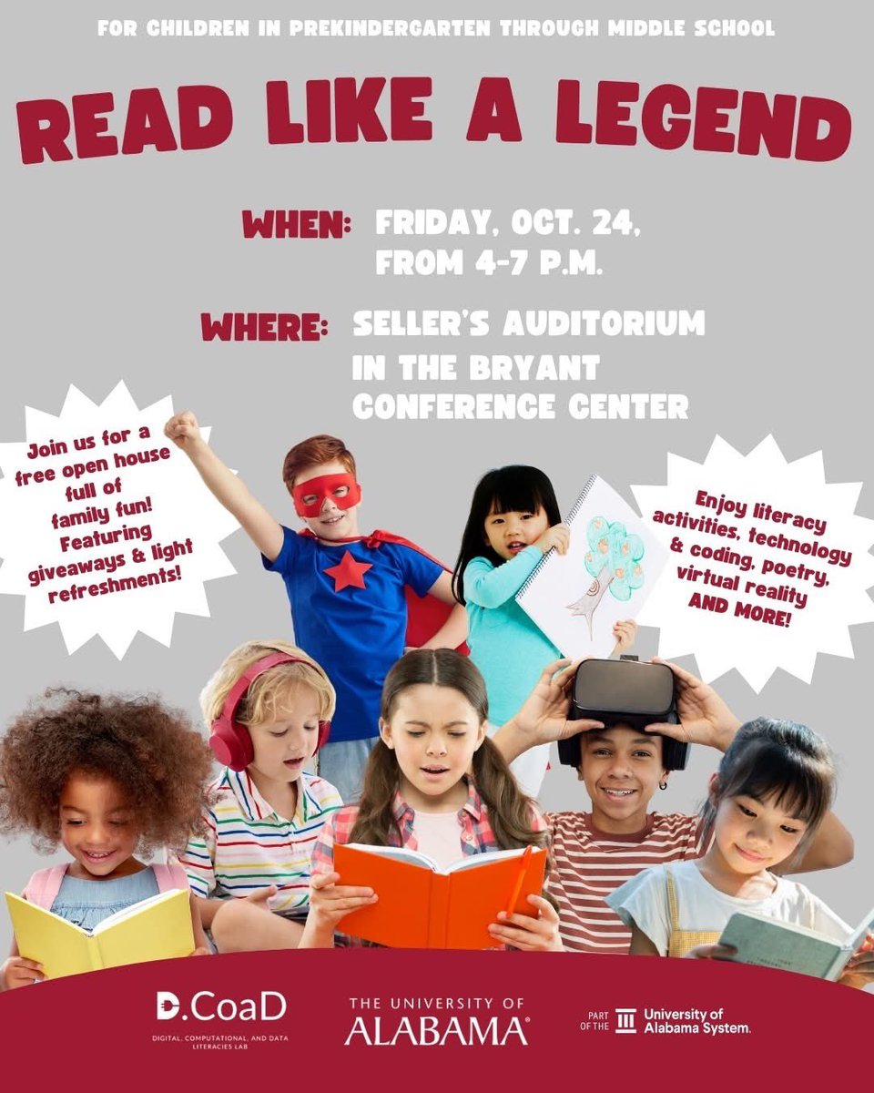 Big Al 🐘, Books 📕, AI and Bots 🤖&amp; more. Join us for this free family event for children in prekindergarten through middle school. 

Some of our partners:
<a href="/tplbooks/">TuscaloosaPubLibrary</a> 
<a href="/Alabama_Reading/">ARI / The Alabama Reading Initiative, ALSDE</a> 
<a href="/dollyslibrary/">Imagination Library</a> 
<a href="/uacoeambassador/">UA COE Ambassadors</a> 
Tag a group to share!