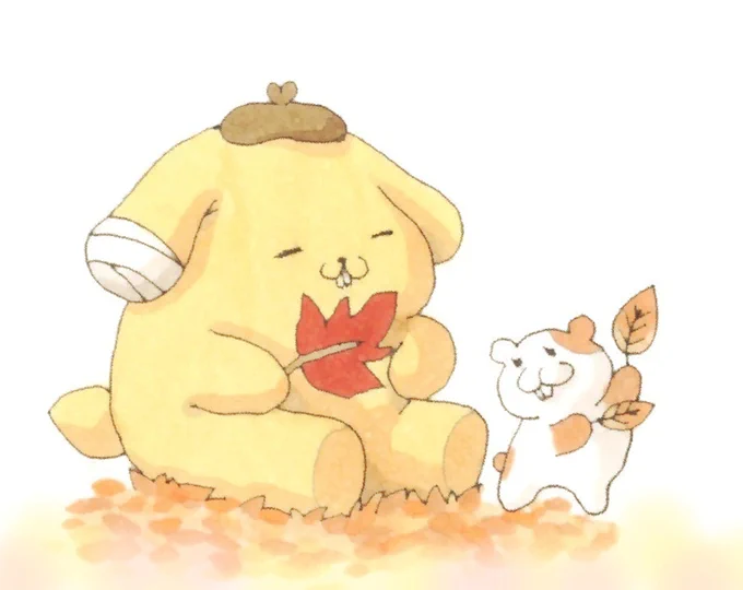 マフィンちゃんを見て笑顔になるポムポムプリンちゃん #ポムポムプリン #マフィン #イラスト