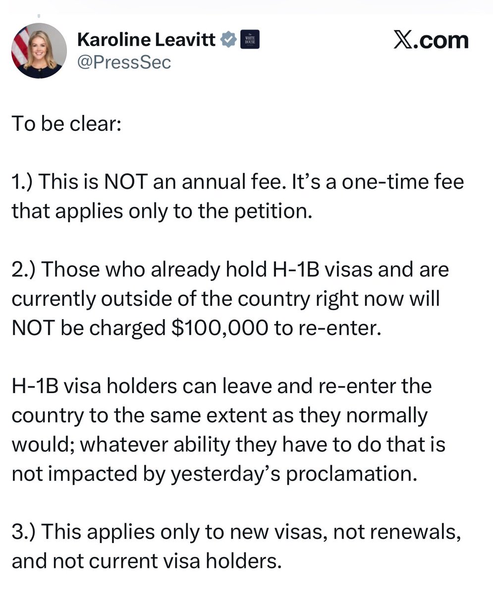 Yesterday, on camera, Howard Lutnick said that the fee was "$100,000 a year," and he said it applied to "renewals" as well as "first-time" visas. 

Now Karoline Leavitt is saying it's a one-time fee, and that it does not apply to renewals. Total clown show.