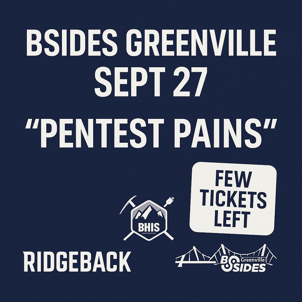 Chris Traynor (@cstraynor) on Twitter photo 🚨 Event tickets still available!
I’ll be giving my talk “Pentest Pains” at <a href="/BSidesGVL/">BSides Greenville</a> (Sep 27).
Grab your spot before it’s gone.
🔗 bsidesgreenville.org 🚨 Event tickets still available!
I’ll be giving my talk “Pentest Pains” at <a href="/BSidesGVL/">BSides Greenville</a> (Sep 27).
Grab your spot before it’s gone.
đź”— bsidesgreenville.org