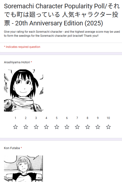 dailysoremachi's tweet image. Time for a Soremachi character POPULARITY POLL!!

Rate the selected Soremachi characters in this seeding round in the link below and the top 16 characters will go into the final bracket!

それ町キャラクター人気投票にぜひ投票してください！  

#それ町

Link: forms.gle/h9V9dP4Mfrnu6W…