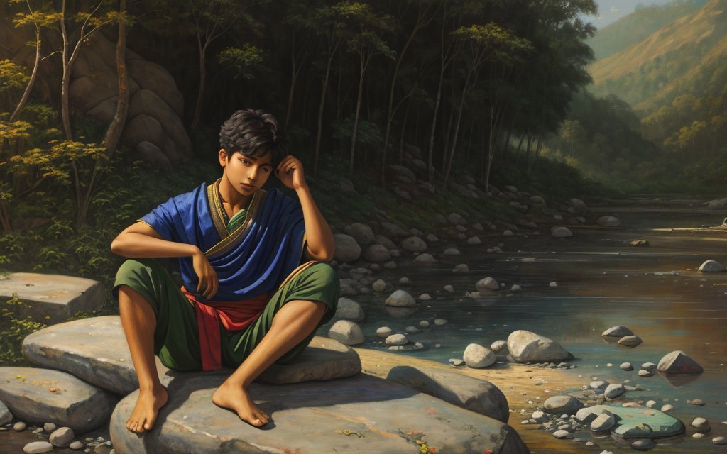 vu2lid's tweet image. Barefoot by the stream, he paused in thought, as if the forest carried answers just out of reach. 
Painterly realism, tranquil forest riverbank, muted natural tones. #AIArt #MemoryField