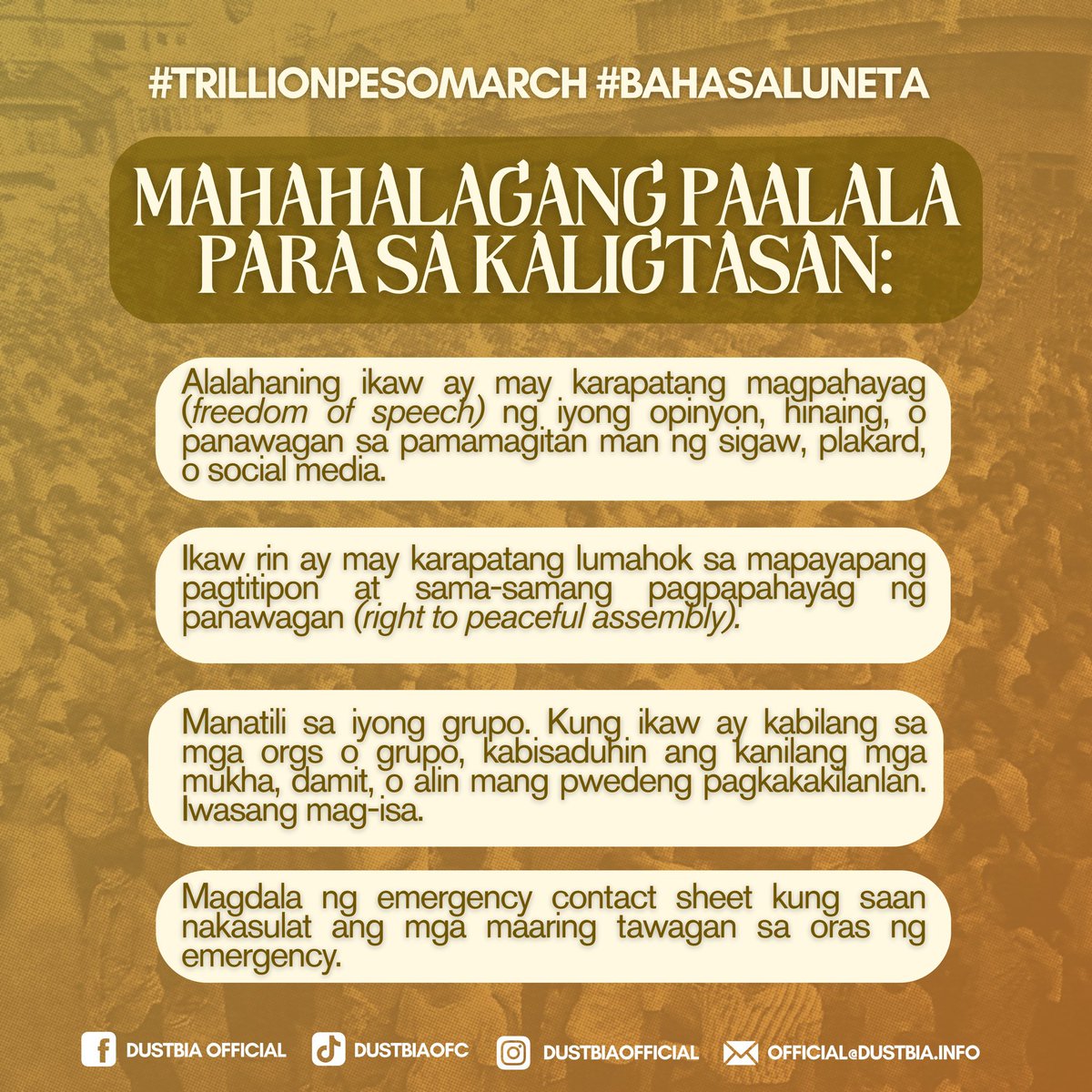 𝐌𝐀𝐇𝐀𝐋𝐀𝐆𝐀𝐍𝐆 𝐏𝐀𝐀𝐋𝐀𝐋𝐀

Sa makasaysayang araw na ito, ipapakita nating mga Pilipino, na 𝘁𝗮𝘆𝗼 𝗮𝗻𝗴 𝘁𝘂𝗻𝗮𝘆 𝗻𝗮 𝗹𝗮𝗸𝗮𝘀 𝗻𝗴 𝗯𝗮𝘆𝗮𝗻. Kasama ang sambayanang Pilipino, panalangin namin na maging mapayapa at ligtas ang bawat isa sa mga pagtitipon ngayong