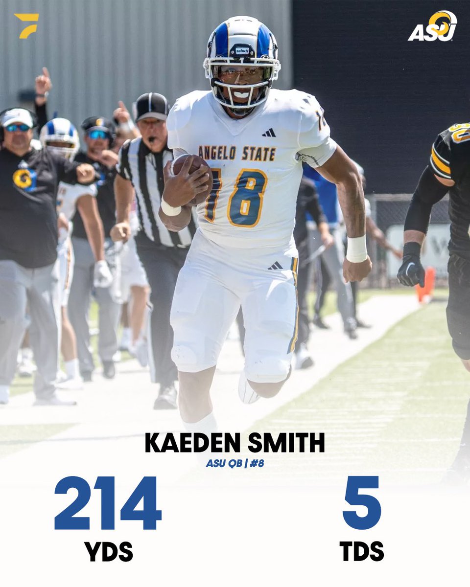 FloCollegeFB's tweet image. Kaeden Smith put on a show 🔥🏈

The Angelo State QB threw for 214 yards and had five passing touchdowns in the Rams win against Western New Mexico tonight 👏

#LSCFB | @LoneStarConf | @AngeloStateFB